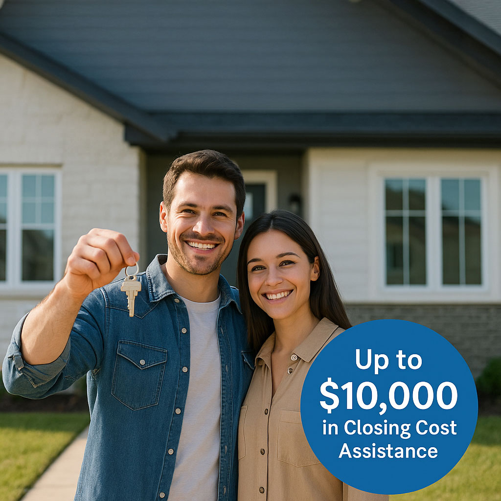 Happy homebuyers in front of new home – sn design & build closing cost assistance